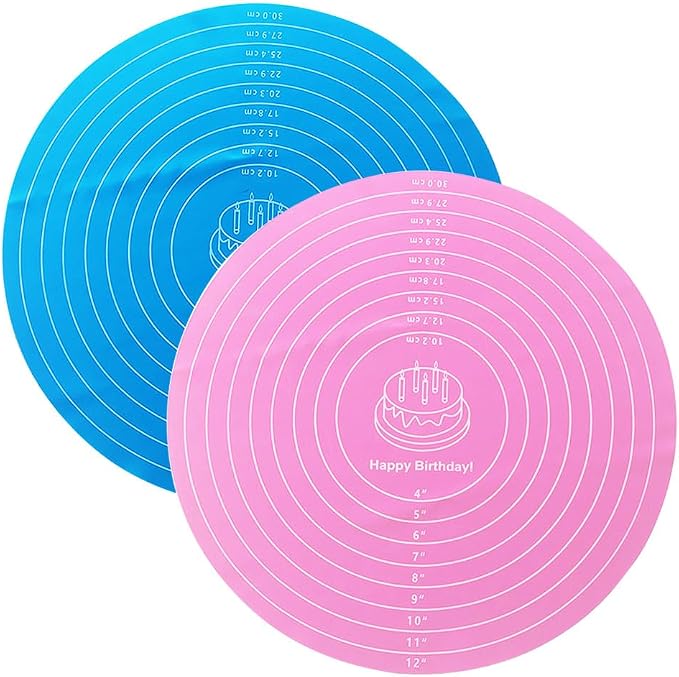 2-Pack 12 Inch Blue and Pink Silicone Baking Pad, Round Cake Decorating Mat for Rotating Stand, Non-Stick Fondant Work Surface, Washable Pastry Sheet for Bread Pizza Dough