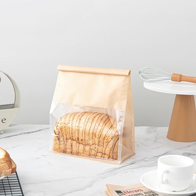50 Pcs 8.6 Inch Bread Bags with Tin Tie, Large Loaf Bags Made Of Brown Cotton Paper, Storage Packing Bag with Clear Window for Bakery, Cafe, Homemade Bread