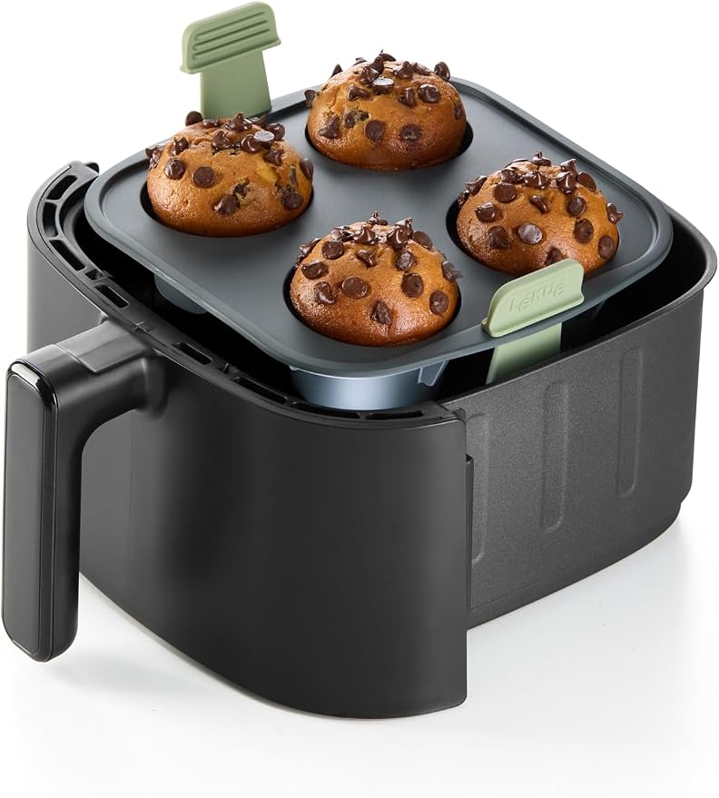 Lékué Air Fryer Muffin Mold - Make 4 Muffins in under 30 mins - 100% Platinum Silicone Baking Pan for Air Frying, Fits in Draw Tray, Pull-up Handles for Easy Removal, Non-Stick, Easy De-Molding