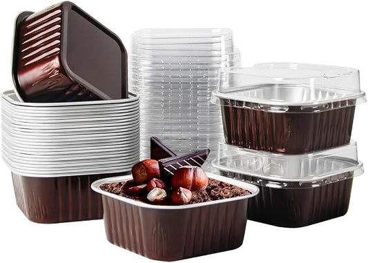 50 Pcs Mini Square Baking Cups with Lids,5oz Aluminum Foil Mini Cake Pans with Lids,Disposable Ramekins Cake Pans,150ml Dessert Cups Cupcake Pans for Wedding Birthday Party,Coffee