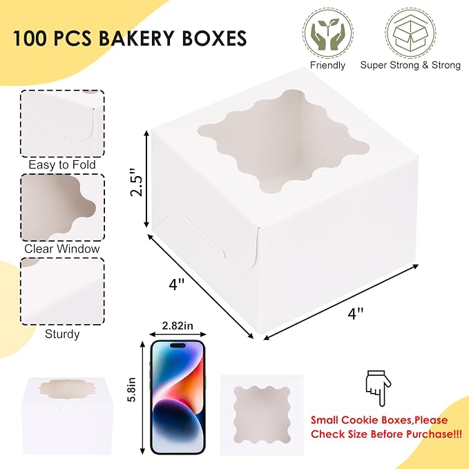 TOMNK 100pcs White Small Cake Boxes with Window, 4x4x2.5 Inch Small Cookie Boxes with Window, Bakery Boxes for Small Cake, Treats, Donuts, Candy