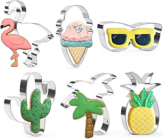Crethinkaty 6 Pieces Summer Cookie Cutters Set for Baking - Flamingo,Palm Tree,Pineapple,Ice Cream,Cactus and Glasses Shape Stainless Steel Aroma Beads Biscuit/Pastry Cutter