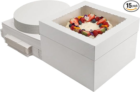 ZBEIVAN 15 Pack Cake Boxes 12x12x8 Inches White Bakery Boxes with Window, Large Square Cardboard Cake Carriers for Cakes