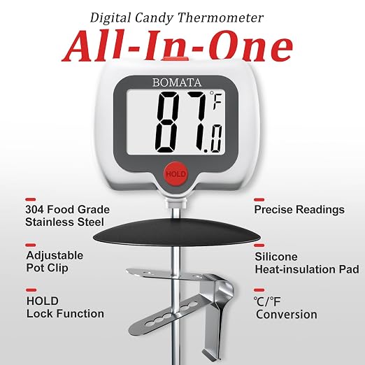 BOMATA Digital Candy Thermometer with Pot Clip, Deep Fry Oil Thermometer with Rotatable Display & Long Probe, for Candy Candle Making, Cooking, Food, Liquids, Water, Sugar.. White