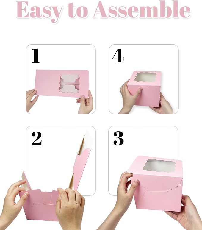 Bakepacker 36pcs 6x6x5 Inches Cake Boxes with Window 18-Packs Pink 6 Inch Bakery Boxes (18 Cake Boxes +18 Cake Boards Included)