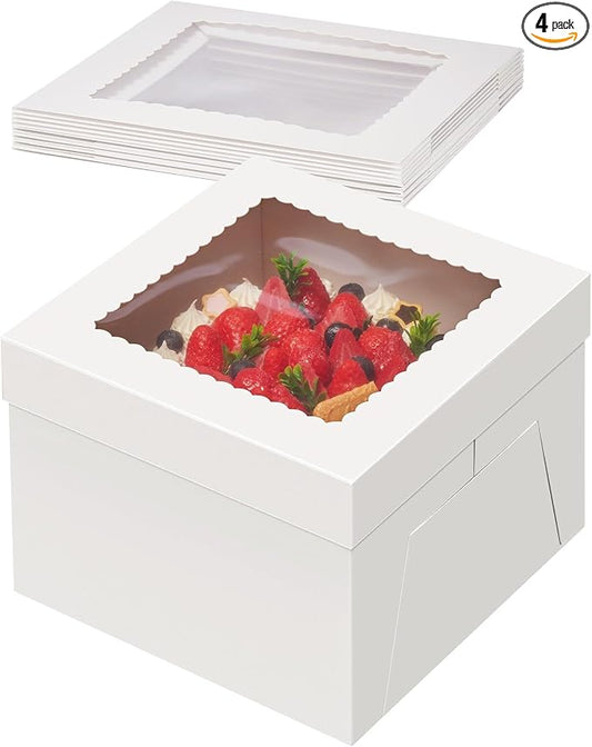 Kootek 4pcs Cake Boxes, 10x10x8 Inches Tall Cake Box with Window, White Bakery Boxes, Large Baking Boxes, Square Cardboard Cake Box for Multi-Layer Cakes, Cake Decorating Supplies for Gift Giving