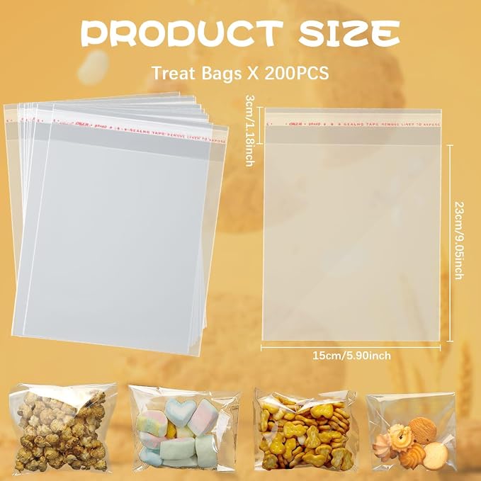 Cidenbio 200 Pcs Thickened Self Sealing Cellophane Treat Bags 6x9 In, Clear Candy Cookie Bags for Gift Giving, 3.1 Mils Resealable Plastic Packaging Bag for Party Favors, Cookies, Bread, Snack Goodie
