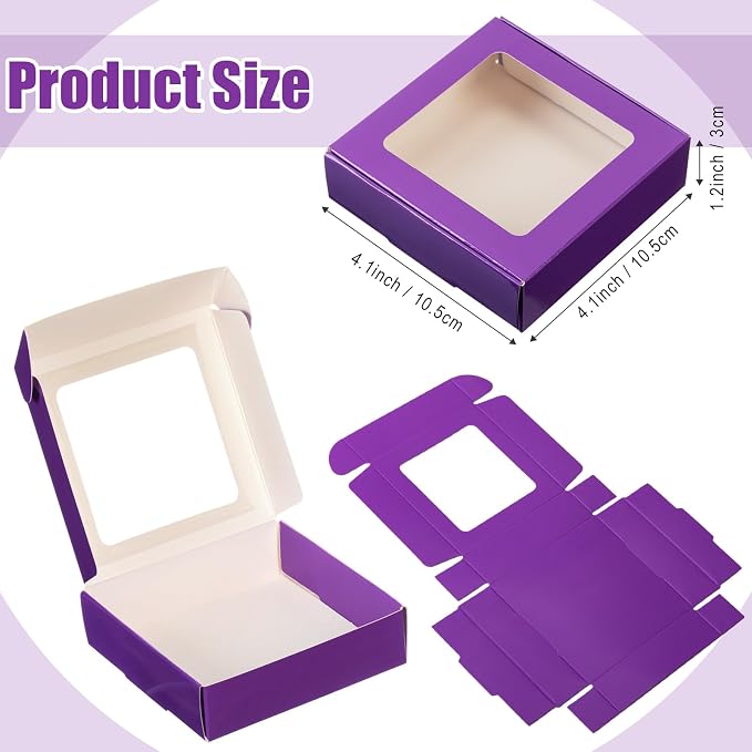 Zonon 30 Pcs Kraft Paper Boxes with Window 4.13 x 4.13 x 1.18 Inch Candy Packaging, Small Gift Boxes, Soap holder, Mini Treat Packaging for Bakery Chocolate Jewelry Display (Purple)