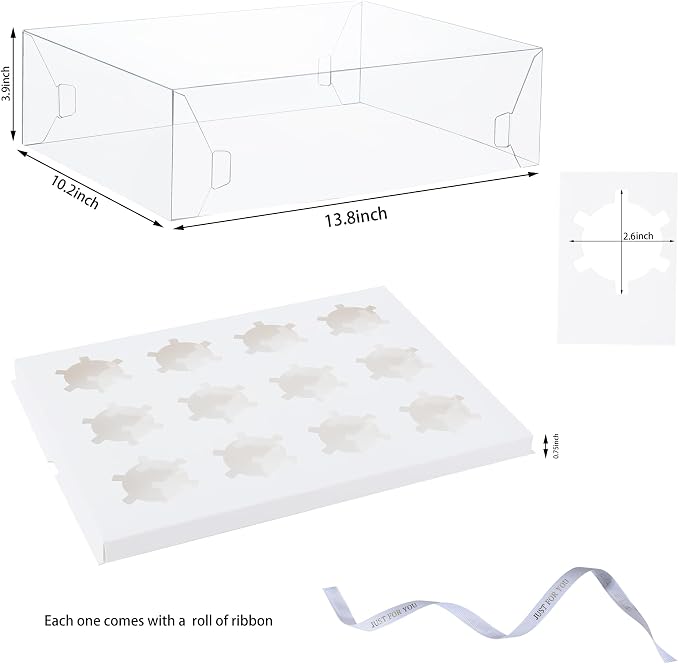 12 Count Clear Cupcake Boxes 10 Packs Cup Cake Holder Containers with Gift Ribbon plastic Cupcake Carrier for Treat Dessert Cookies Muffins Packaging for Party Baking Wedding