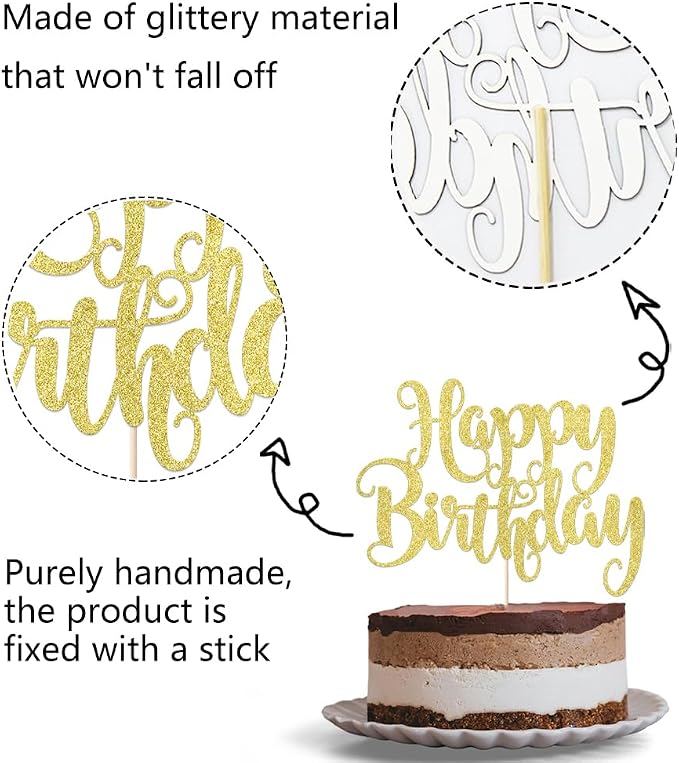 Happy Birthday Cake Topper- Glitter Happy Birthday Cake Decor, Handmade Anniversary/Birthday Party Supplies (Gold)