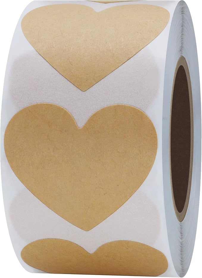 Hybsk Kraft Love Heart Stickers 1.5 Inch Adhesive Labels 500 Per Roll (Kraft)