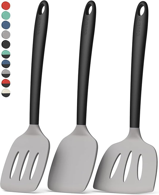 Coukre 3 Pack Silicone Spatula Set, High Heat Resistant, BPA-Free, Fish Spatula, Solid & Slotted Turner for Non-Stick Pans, Flipping Eggs, Pancakes, Fish, Burgers (3, GrayBlack)