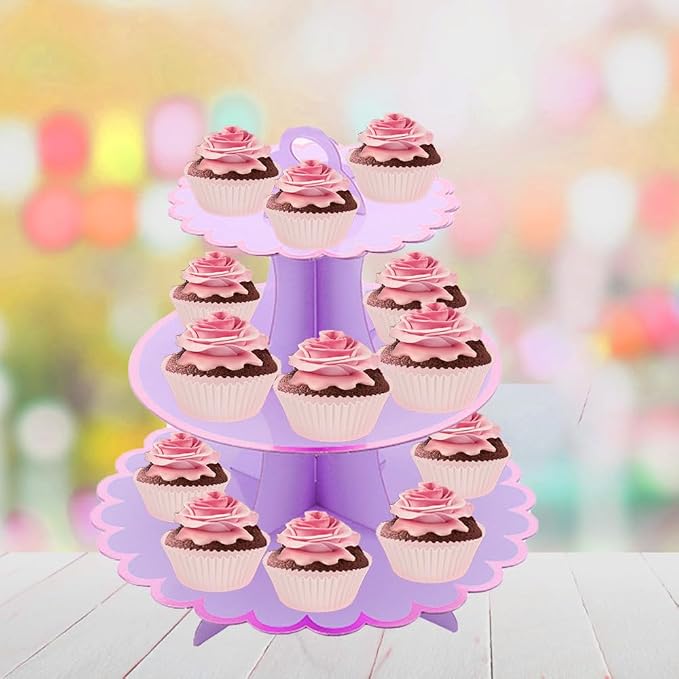 MRPAPA 3-Pack 3-Tier Purple Cupcake Stands | Disposable Cardboard Dessert Trays for Parties, Weddings