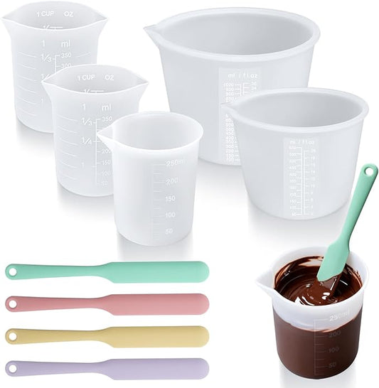 Silicone Chocolate Melting Cup Set with 6 Silicone Measuring Cups (250ml & 350ml & 600ml &1000ml) and 4PCS Heat-Resistant Jar Spatulas, Non-Stick Baking Tools for DIY Chocolate, Butter & Cream Mixing