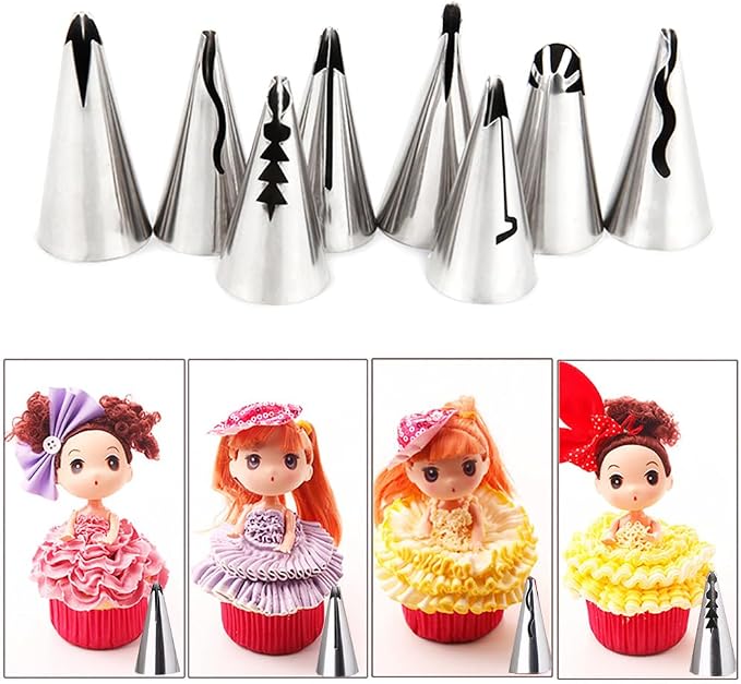 Baipeisy 11Pcs Stainless Steel Pleated Skirt Piping Tips Set - Reusable Baking Tools Kit Includes 8 Decorating Nozzles, 1 Cleaning Brush, 1 Converter, 1 silicone piping bag for Frosting Cakes