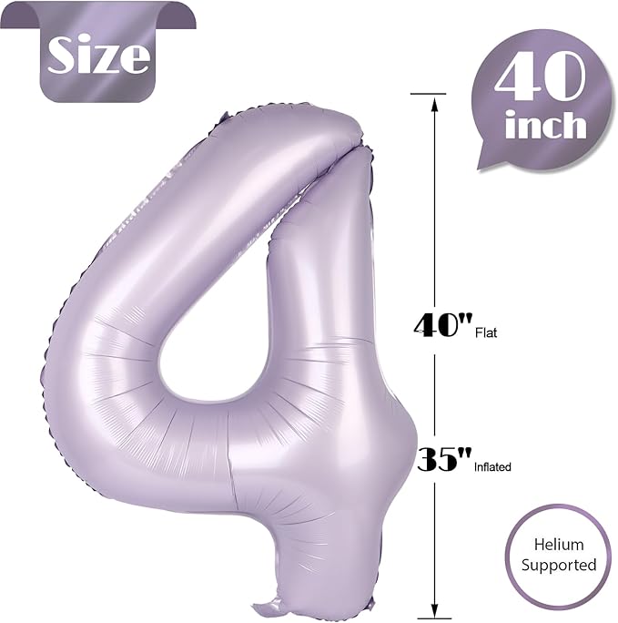 Lilac 4 Balloon, Number Balloons 40 Inch, Lavender 4th Birthday Decorations for Girls Four Large Numbers for Party Decor, Number 4 Balloon