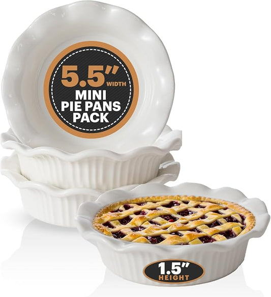 Aunt Shannon's Kitchen White Ceramic Mini Pie Pans - Set of 4 - Small 5.5 Inch Pie Pans with Classic Fluted Rims - Individual Apple Pie, Quiche, Puddings,Tart, Oven and Microwave Safe, White