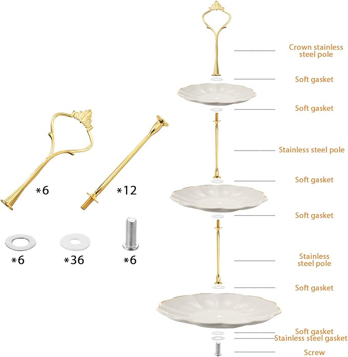 6 Sets 3 Tier Cake Stand Hardware Tiered Tray Plate Hardware Kit Heavy Metal Cake Fruit Food Plate Stand Fitting Stacking Kit for Serving Dessert Cupcake Dish Food(Simple,Gold)