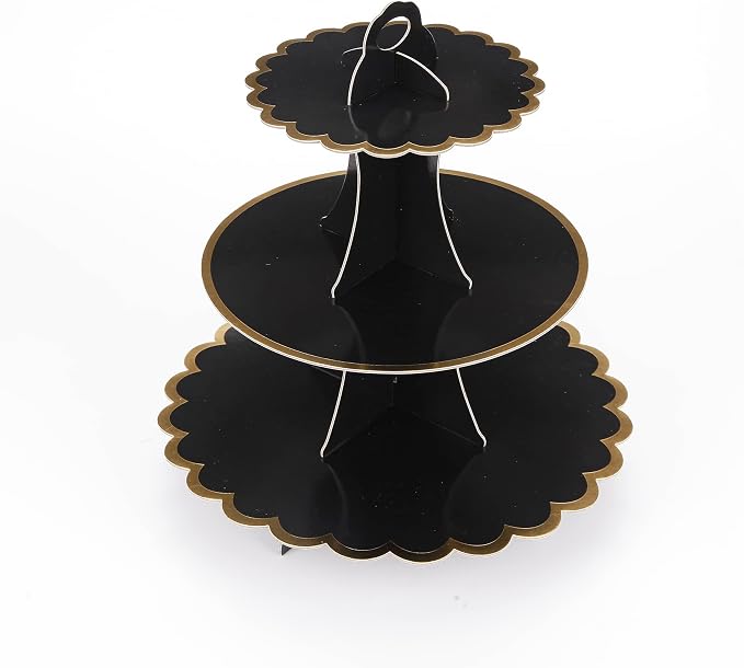 YLDW Cupcake Stand with Lace Trim, 3-Tier Cupcake Stand Display, Cardboard Cup Cake Tower Stand, Disposable Dessert Stand for Birthday Tea Party Baby Shower Treat Decorations, Black