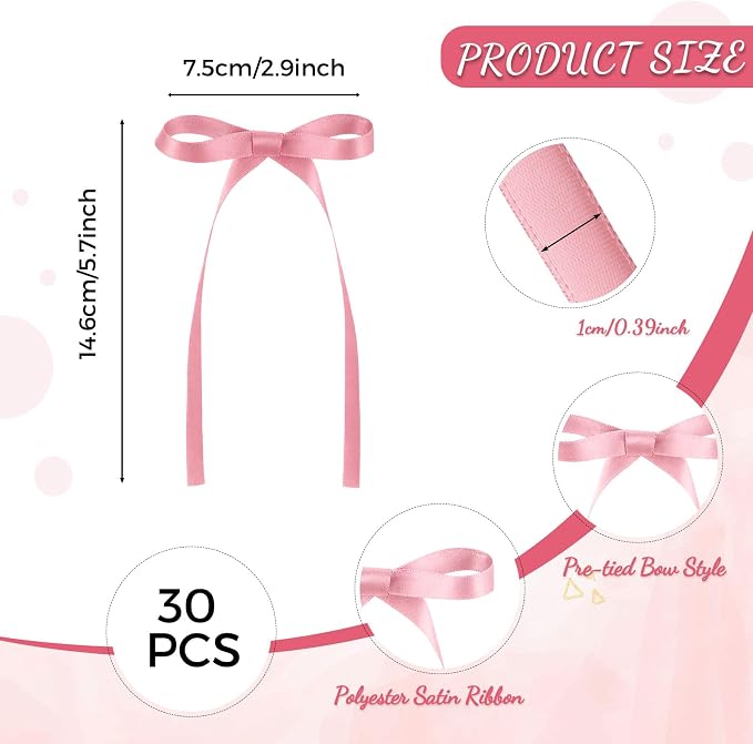 30 Pack Bow Cake Toppers Rose Pink Ribbon Bows for Cake Bow Cupcake Toppers Pink Bow Birthday Decorations for Baby Shower, Wedding, Engagement, Bachelorette Party, Graduation Decoration