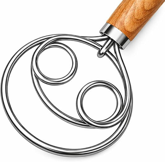 Danish Dough Whisk for Sourdough Bread – 13 Inch 2 Loop Stainless Steel Dutch Bread Whisk – Heavy Duty Dough Mixer for Bread Pizza Pastry Cookies – Ergonomic Oak Handle BPA Free