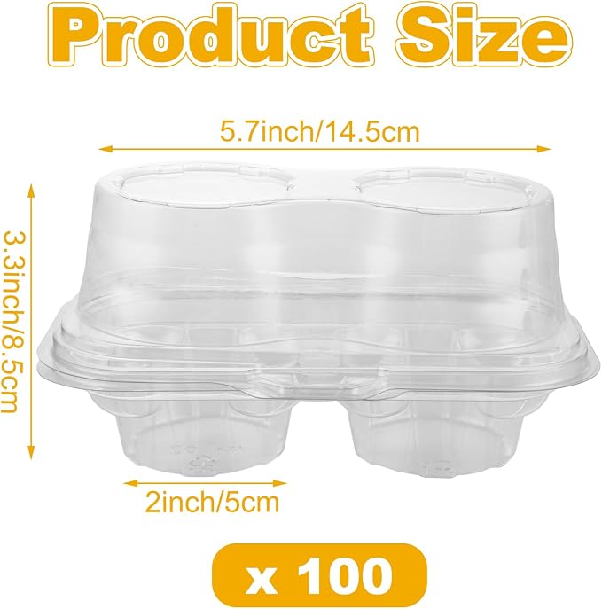 100PCS Cupcake Containers 2 Pack, Plastic Cupcake Holders 2 Clear Cupcakes Boxes 2 Count Cupcake Containers with Lids, Cupcake Carrier for Cake Store and Bakery