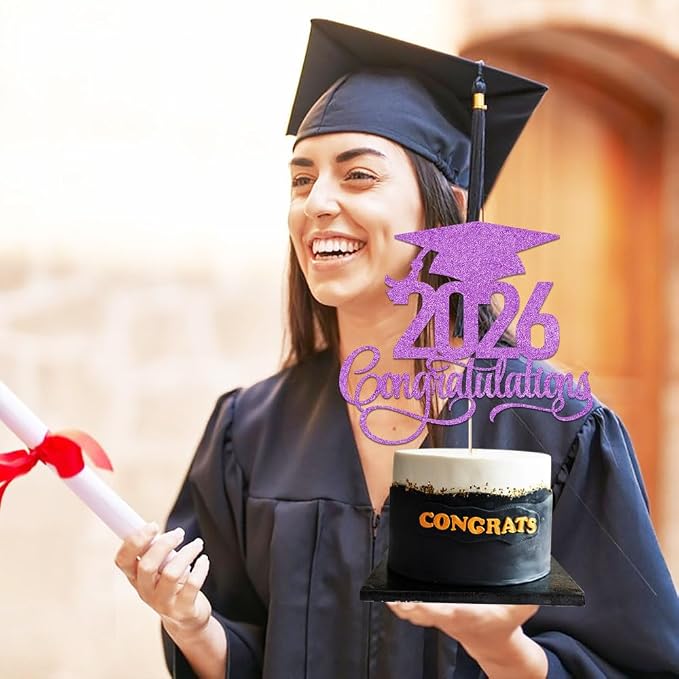 Glitter 2026 Congratulations Graduation Cake Topper,Congrats Grad Cake Decor - 2026 High School/College/Senior Graduation Party Decorations Supplies (2026Congratulations purple)