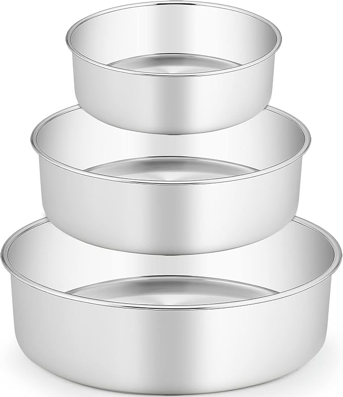TeamFar 6/8 / 9 Inch Cake Pan, Stainless Steel Round Baking Pan for Cake Brownie Lasagna, Non-Toxic & Heavy Duty, 3” Deep Wall & One Piece, Smooth & Dishwasher Safe-Set of 3