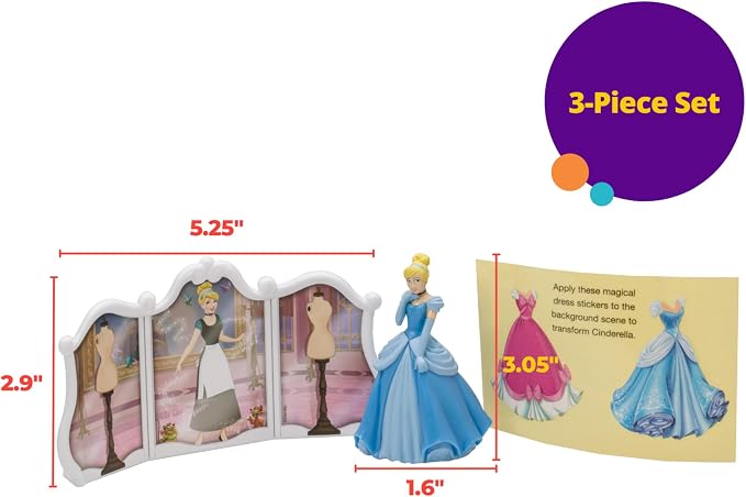 DecoSet® Disney Princess Cinderella Transforms Cake Topper, 4-Piece Birthday Cake Decorations Set with Figurine and Dress Stickers