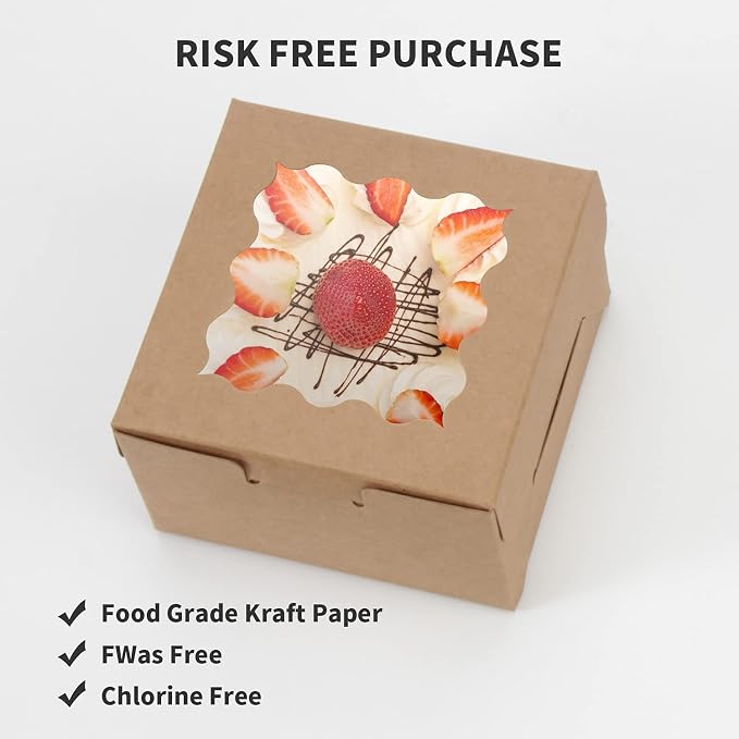 OAMCEG 100 PCS Bakery Boxes with Window and Stickers - 4x4x2.5 Inch Individual Cupcake, Pastry, Cookie, Small Cake Boxes - Carrier Holders & Containers for Mini Dessert Packaging