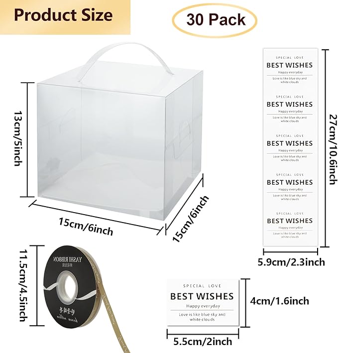 CYEAH 30Pcs Clear Cake Box, 6 x 6 x 5 Inch Bento Cake Box with Handle, Clear Gift Boxes with Ribbons & Stickers for Cake, Bakery Boxes Packaging Carriers for Cookie Candy Wedding Party