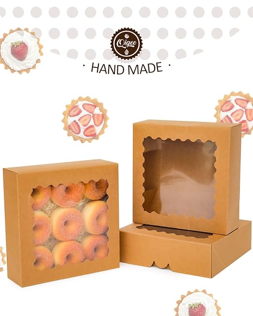 qiqee Auto-pop up 50 Packs Bakery Box With Window 8x8x2.5 inch Brown Pie Boxes Pastry