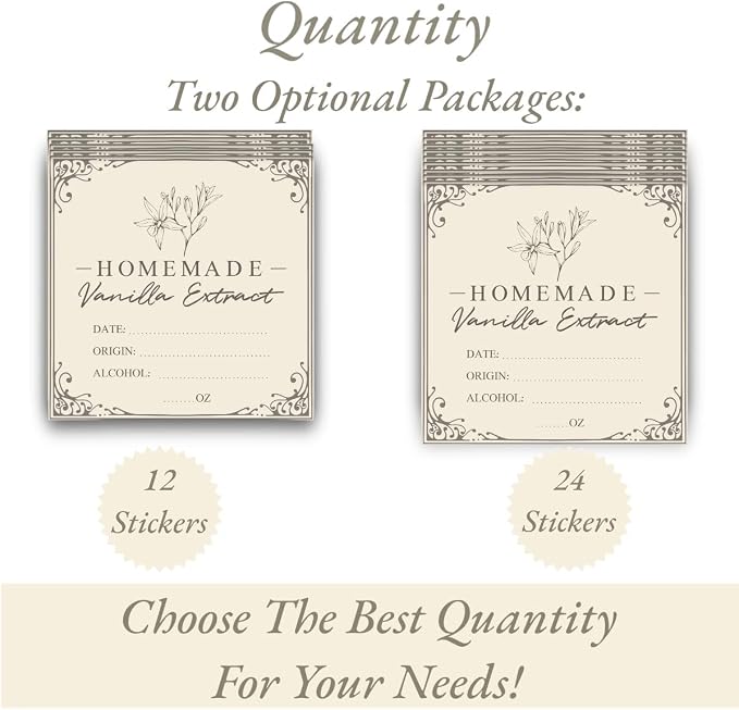 3 * 3 inch Vanilla Extract Labels - 12Pcs Square Homemade Vanilla Extract Stickers, Holiday Gift Stickers for Handcrafted Vanilla Bottles Tags, Fits 2oz, 4oz, 8oz or 16oz Bottles (3x3, 12, Count)