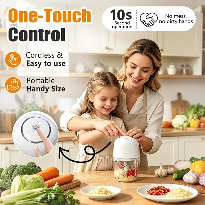 2026 New 450ML Electric Garlic Chopper, Powerful Portable Mini Food Processor, 1 Head 8 Blades, Partition Panel, Brush and Spoon, Garlic Mincer Electric for Ginger, Chili, Fruit, Meat, Onion, etc