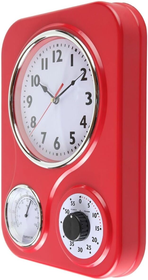 Lily's Home - 9 Inch x 12.5 Inch - Retro Kitchen Wall Clock, Vintage Wall Clock with a Thermometer and 60-Minute Timer, Ideal for Any Kitchen, Office, or Diner (Red)
