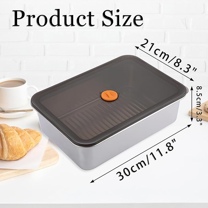 BSTKEY Pizza Dough Proofing Box, Stainless Steel Rectangle Food Storage Box Container with Leak Proof & Airtight Lid, 11.8 x 8.3Inch Large Capacity Household Pizza Dough Container