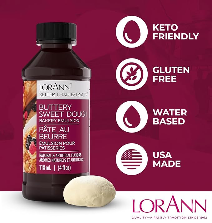 LorAnn Oils Buttery Sweet Dough Bakery Emulsion: Authentic Taste, Ideal for Amplifying Sweet Bready Notes in Baked Goods, Gluten-Free, Keto-Friendly, Essential for Your Kitchen, 4 Oz
