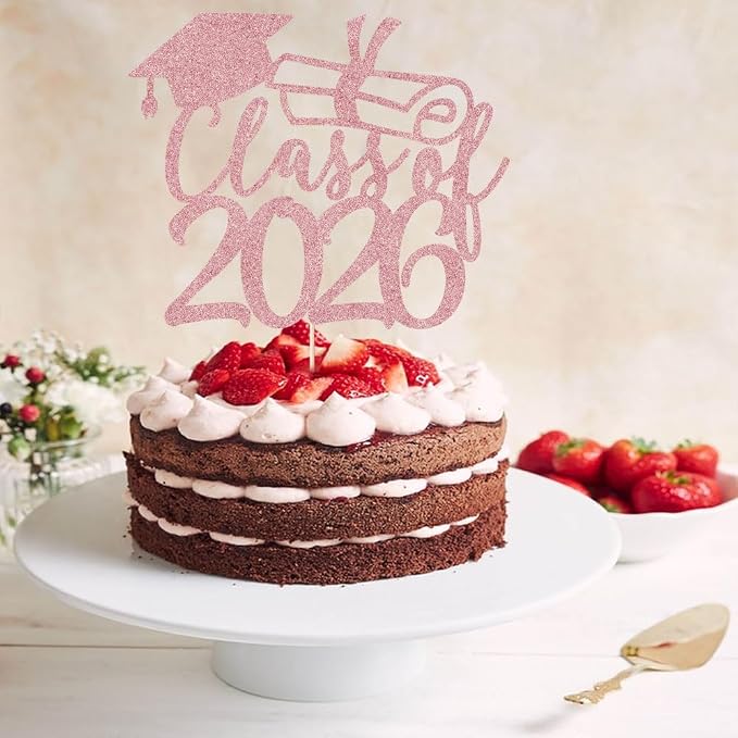 Gold Class of 2026 Congrats Grad Cake Topper Glitter Graduation Party Supplies - High School College Graduates -College Graduate Cake Topper Decorations (Rose gold)