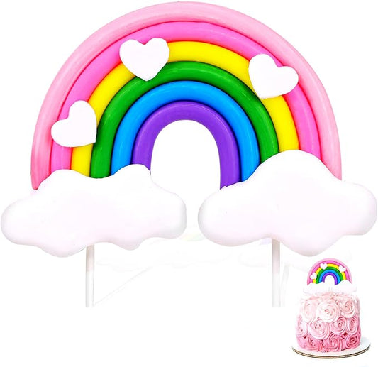 Rainbow Cake Topper - Soft Pottery Heart Cloud Decorations, Colorful Cupcake Topper, Personalized Reusable Happy Birthday Party Supplies