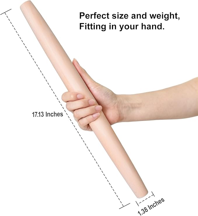 Syn-zer 17 Inch French Rolling Pin, Solid Beech Wood | Tapered Design, Non-Stick, Easy to Clean, Ideal for Baking Pie Crust, Pizza Dough, Fondant & Cookie Dough