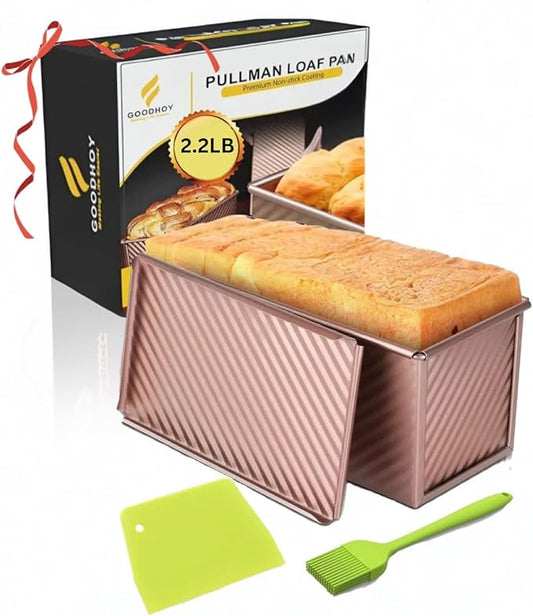 2.2lb set Nonstick Pullman Loaf Pan With Lid For Homemade Bread. Sandwich Bread Baking Mold With Sliding Lid, Durable Toast Box For Square Loaf Shokupan Soft Milk Bread & Gift Box Included.