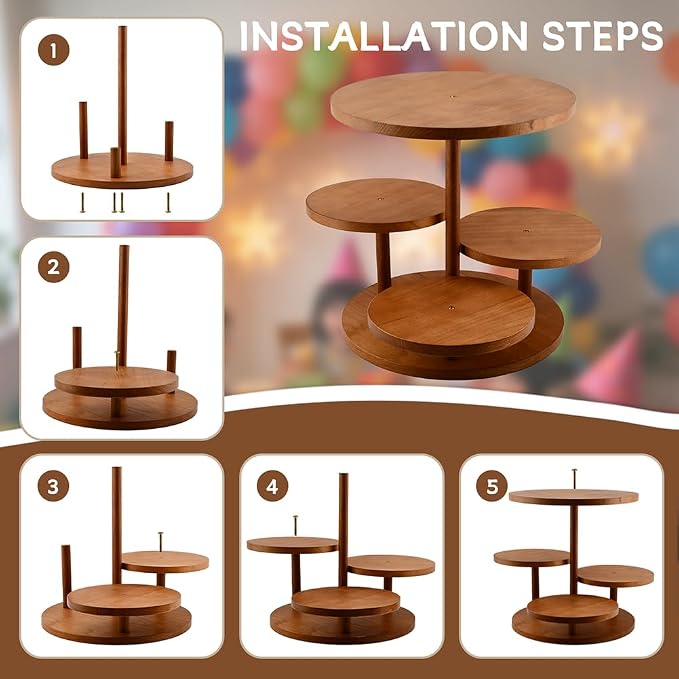4 Tier Round Cupcake Tower Stand Wooden Cupcake Stands for 50 Cupcakes 360° Rotating Wood Dessert Display with Tiered Tray Wooden Cake Tier Stand(COLOR:wood)