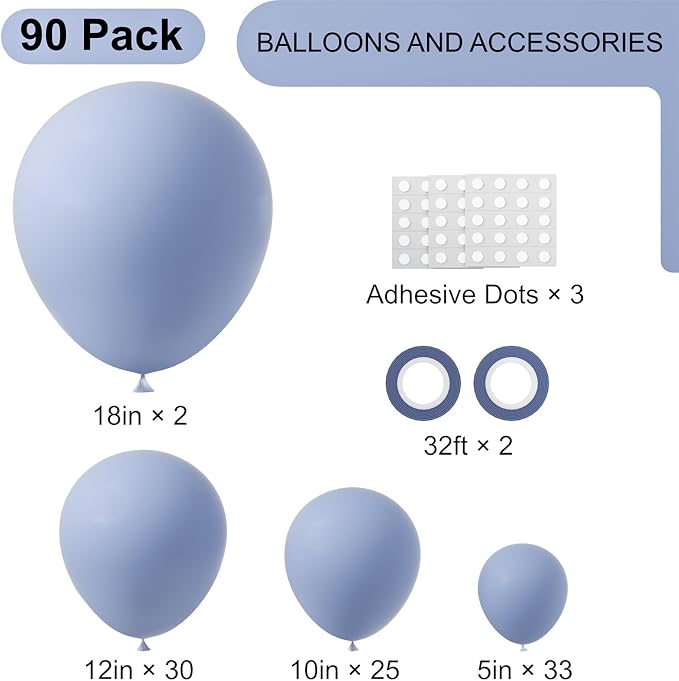 Voircoloria 90pack Dusty Blue Balloons Different Size 18/12/10/5 Inch Dusty Blue Balloon Garland Arch Kit for Graduation, Wedding, Birthday, Baby Shower, Anniversary Party Decorations