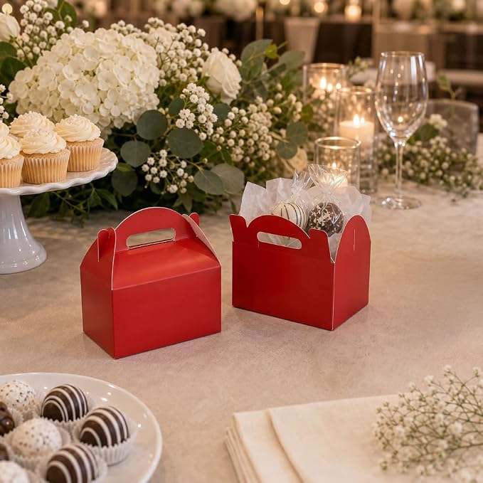 Aosric Small Red Gable Boxes 3.5 x 3.5 x 6.3 In, 30 Pack | Premium Cardstock Favor Boxes with Handles for Christmas, Valentine's Day, Holiday Parties, Candy, Cookies & Gift Packaging