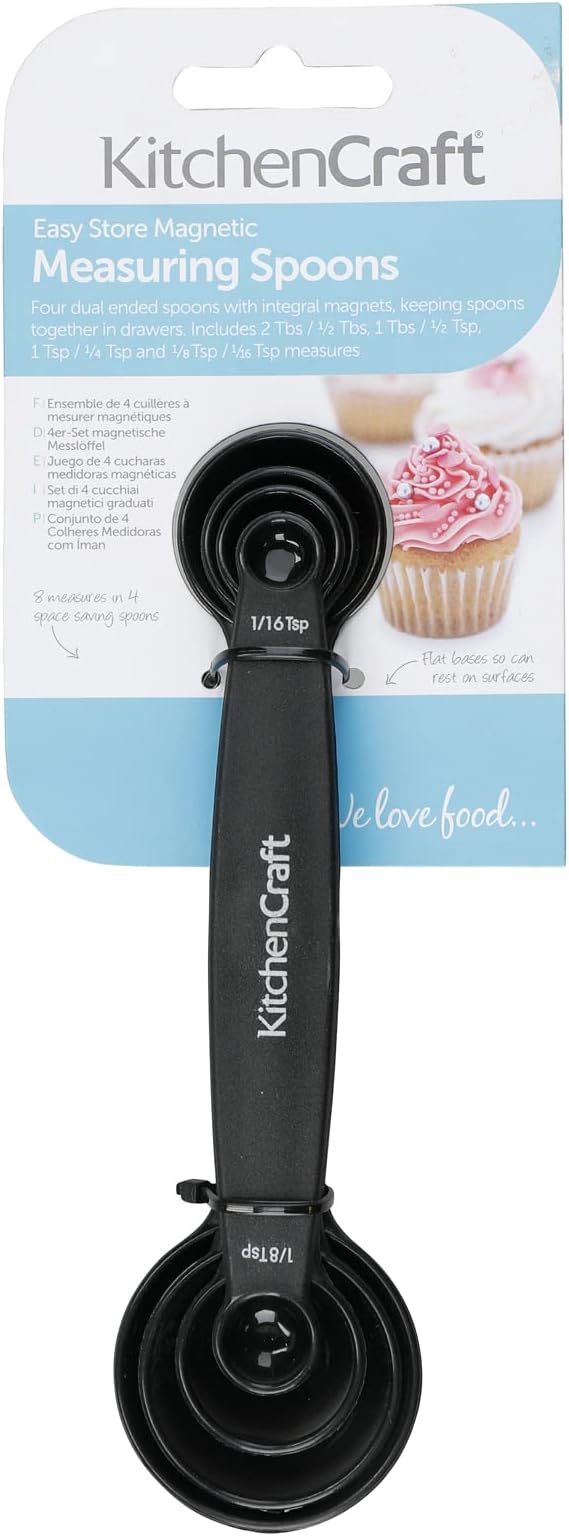KitchenCraft Magnetic Measuring Spoons Set Stainless Steel Stackable Dual Sided Teaspoons and Tablespoons for Measuring Dry and Liquid Ingredients, Set of 4, Black