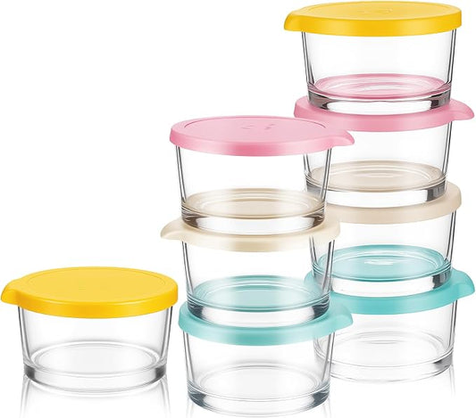 Small Glass Bowls with Lids, 7 oz Mini Glass Prep Bowls, Stackable Small Food Storage Containers for Spices Seasonings Leftovers Dips Dessert, Set of 8 (Blue, Yellow, Pink, White)