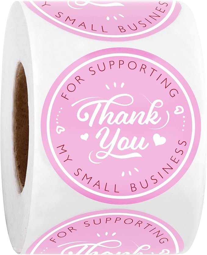 WRAPAHOLIC 2 Inch 500 Total Business Stickers Roll - Pink Small Business Text Design, Thank You Lables, Shipping Stickers for Party Decorations