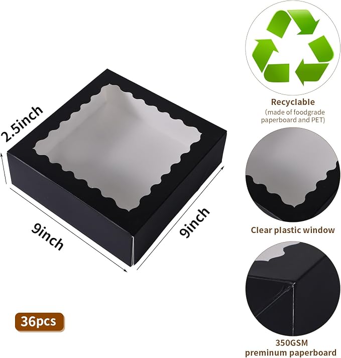 36 pcs 9x9x2.5 Inches Bakery Boxes with Window, Cake Pastry Cookie Mini Pie Box for Pastry,Dessert,Strawberries,Chocolates box (Black)