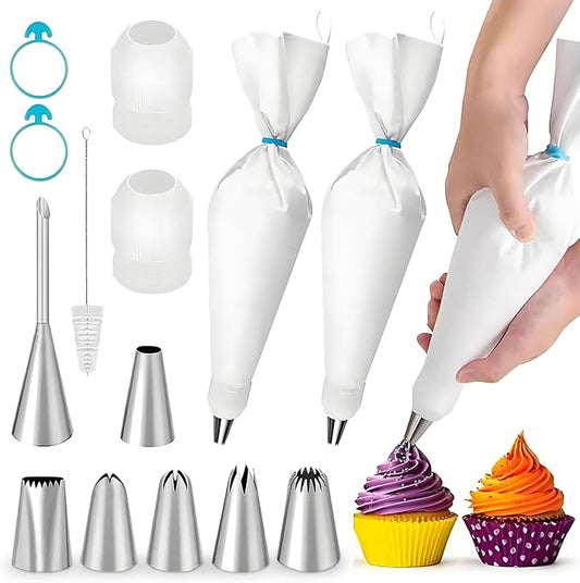 Piping Bags and Tips Set – 2 Reusable Piping Bags, 7 Piping Tips, Couplers & Cleaning Brush, Heavy-Duty Leak-Proof Cake Decorating Kit for Beginners & Professional Bakers (14pcs)