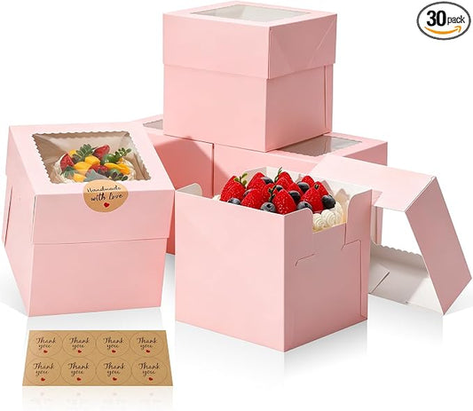 COTOPHER 30Pcs 6x6x6 Inches Mini Cake Boxes, Pink Bakery Boxes with Window, Cake Containers for Pastries, Cookies, Chocolates, Cupcakes, Birthday Party Cake Decorating Supplies for Gift Giving